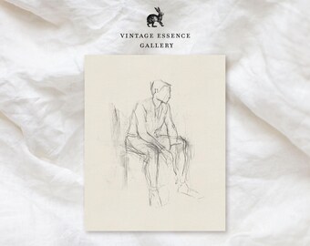 Vintage Pencil Sketch Drawing | Seated Man Print | Antique Minimalist Wall Art | Figure Study Classic | PRINTABLE Timeless Neutral Artwork
