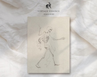 Vintage Halloween Skeleton Print | Minimalist Sketch Art | PRINTABLE Antique Charcoal Drawing | Spooky Skull Wall Art | Creepy Gothic Decor