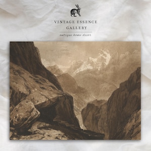 May include: A vintage black and white illustration of a mountain range with a narrow valley in the foreground. The mountains are drawn with detail and texture, and the valley is shaded to create a sense of depth.