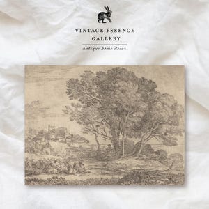 Vintage landelijk landschap | Antieke boomkunstdruk | Neutrale beige tint klassieke pastorale dorpsscène | AFDRUKBARE ets rustiek muurdecor
