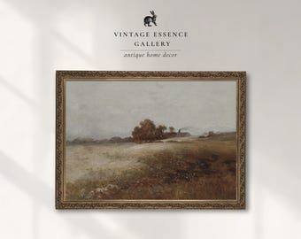 Puede incluir: Una pintura de paisaje en un marco dorado decorativo que muestra un campo bajo un cielo nublado con árboles y un pequeño edificio a lo lejos. Sobre el marco, el texto dice VINTAGE ESSENCE GALLERY y antique home decor con un icono de conejo.