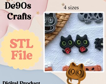 Peut inclure: Image d'un produit numérique présentant des objets artisanaux en forme de chat noir avec des yeux verts et des fleurs rouges. L'image comprend le texte "De90s Crafts", "STL File" et "Digital Product". L'image montre également un moule en forme de chat et le texte "4 tailles".