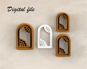 May include: Three arch-shaped cookie cutters with spider web designs in the corners, two in orange and one in white, labeled with the text Digital file. The cutters feature a rounded top and a hollow center with intricate web detailing.