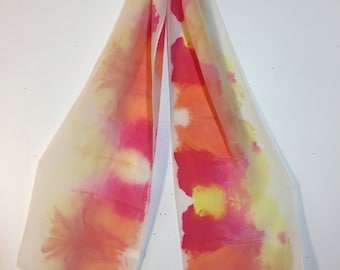 hand dyed silk scarf in warm blur