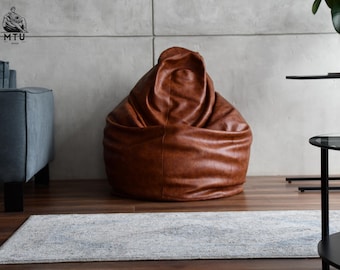 ヴィンテージスタイルのビーンバッグチェアカバー：丈夫なレザー、中身を入れずに発送