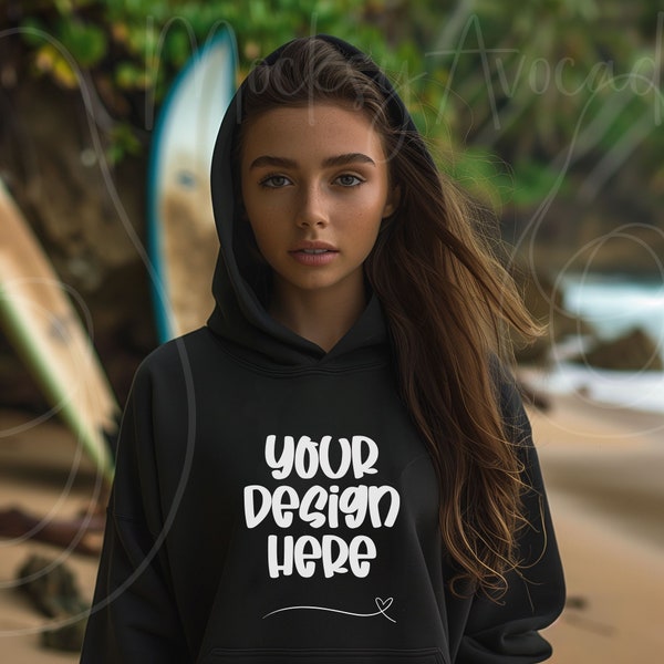 Surfer Girl Hoodie Mockup Beach Stanley Stella STSU822 organic hoodie mockups with female model on the beach digital download mocks for POD