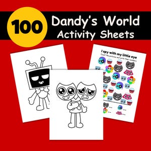 Op de afbeelding: Drie witte activiteitenvellen met zwarte lijntekeningen en tekst worden weergegeven tegen een rode achtergrond. De vellen bevatten stripfiguren en de tekst "Dandy's World Activity Sheets" en "I spy with my little eye". Een gele cirkel met het nummer 100 staat linksboven.