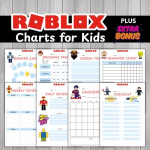 May include: A collection of printable Roblox charts for kids, including reward charts, brushing trackers, screen time trackers, behavior charts, weekly schedules, daily schedules, calendars, and checklists. The charts feature Roblox characters and logos.