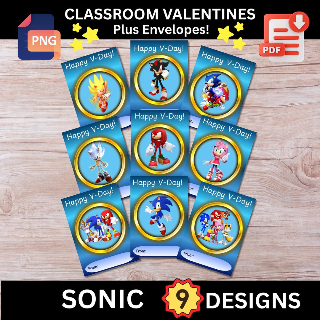 Blue Hedgehog and Friends Valentine's Day Cards - 9 Designs + Envelope ...