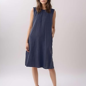 Everyday Basic Linen Cotton A-Line Midi Dress with Pockets, Minimalist Casual Summer Outfit for Women