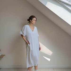 White Linen Cotton Dress, Loose Fit V Neck Summer Dress, Minimalist Boho Midi Dress, Beach Casual Dress