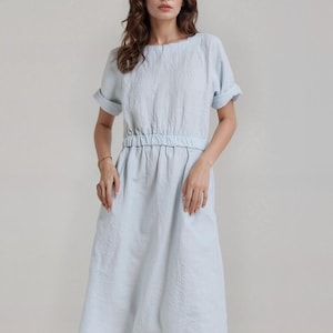 Linen Midi Dress, Loose Fit A-Line Dress With Elastic Waist, Drop Shoulders and Crew Neck Dress, Minimalist Summer Outfit