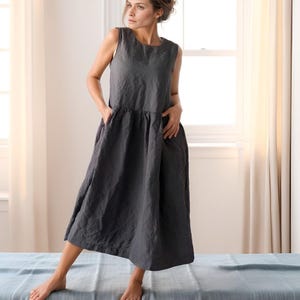 Oversized Linen Cotton Shirt Dress, Loose Fit Midi Summer Dress, Black or White Plus Size Casual Dress