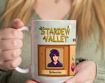 Stardew Valley mug featuring the character of Sebastian, along with his most loved and hated gifts, White Mug 15oz