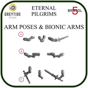 Könnte beinhalten: Ein Set mit 9 grauen Plastik-Miniaturarmen für Tabletop-Spiele. Die Arme sind in verschiedenen Posen, darunter mit einem Schwert, einer Pistole und einer Faust. Die Arme sind mit A, B und C gekennzeichnet.