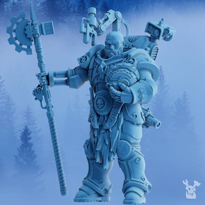 May include: A blue plastic miniature figurine of a futuristic warrior holding a large axe and a shield. The warrior is wearing armour and has a beard. The figurine is set against a blue and white background.