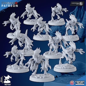 May include: Set of 10 28mm scale miniature figures of alien creatures with multiple legs and claws. The figures are printed in a light grey colour and are ready to be painted.