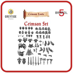 May include: A set of 3D printed miniature figures for tabletop gaming. The set includes a variety of pieces, including helmets, armour, weapons, and wings. The figures are all in a grey colour and are ready to be painted.