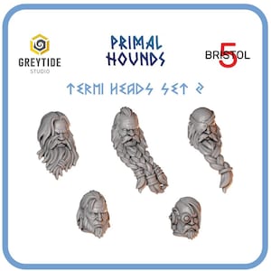 Op de afbeelding: Een set van vijf grijze hars miniaturen hoofden met gedetailleerde bebaarde gezichten. De afbeelding bevat de tekst "Primal Hounds" en "Bristol 5" in blauw, en "GreyTide Studio" in zwart. De set is gelabeld "Termi Heads Set".