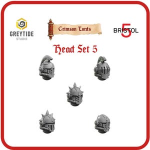 Op de afbeelding: Vijf grijze plastic miniatuurhoofden met verschillende helmdesigns. De hoofden zijn bedoeld voor gebruik in tabletop-oorlogsspelen. De afbeelding is gelabeld met "Head Set 5" en "Crimson Lords".
