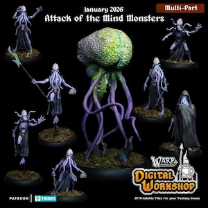 Può includere: Una collezione di miniature fantasy raffiguranti creature tentacolari e un grande mostro a forma di cervello. Le figure sono dipinte in tonalità di viola, nero e verde, con dettagli intricati. L'immagine include il testo "Attack of the Mind Monsters" e "Gennaio 2026".