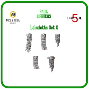 Könnte beinhalten: Fünf silberfarbene Lendenschurze mit aufwendigen Designs. Der Text "Anvil Wardens" und "Loincloths Set 2" sind zu sehen. Das Bild enthält auch das Logo "GreyTide Studio" und das Wort "Bristol".