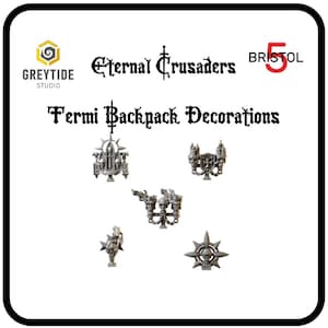 May include: Five 3D printed metal backpack decorations for Warhammer 40k. The decorations feature a variety of designs, including a skull, a star, and a lantern. The decorations are made by Greytide Studio and are part of the Eternal Crusaders Bristol 5 collection.