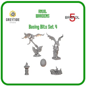 May include: A collection of miniature fantasy figurines, including dragons, an axe, an egg, and a pillar. The text "Anvil Wardens" and "Basing Bits Set 4" are displayed. The figurines are gray and appear to be made of plastic or resin.