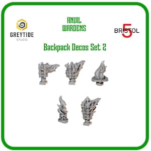 May include: Five grey plastic backpack decorations are shown. The set includes flame and torch designs. The text "Backpack Decos Set 2" is visible. The logos for "GreyTide Studio", "Anvil Wardens", and "Bristol 5" are also visible.
