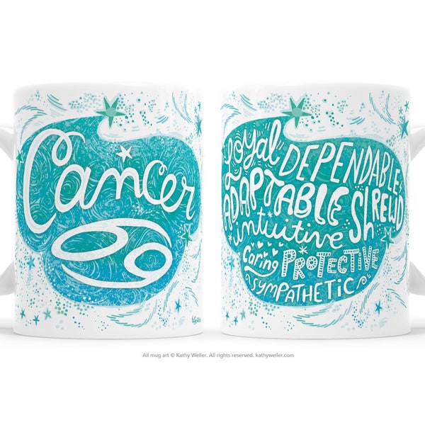 Cancer Zodiac Mug. Hand Lettered Cancer Crab Mug. Hand Lettered Astrology Mug. Horoscope Mug With Attributes . Star Sign Mug.  Horoscope Mug