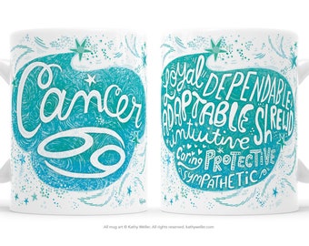Cancer Zodiac Mug. Hand Lettered Cancer Crab Mug. Hand Lettered Astrology Mug. Horoscope Mug With Attributes . Star Sign Mug.  Horoscope Mug