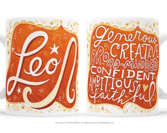 Leo Mug, Zodiac Sign Mug, Red Leo Hand Lettered Mug, Leo Mug With Attributes, Double Sided Leo Mug, Zodiac Mug With Personality Traits