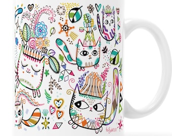 Rainbow Garden Cat Mug: Fantasy Crown Art, Double Sided