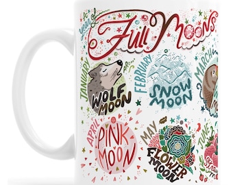 Moon Mug, Full Moon Mug, Lunar Cycle, Full Moon Calendar, Pink Moon, Strawberry Moon, Wolf Moon, Blue Moon, Full Moon, Lunar Calendar