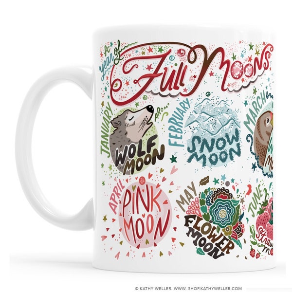 Moon Mug, Full Moon Mug, Lunar Cycle, Full Moon Calendar, Pink Moon, Strawberry Moon, Wolf Moon, Blue Moon, Full Moon, Lunar Calendar