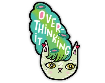 Overthink This, Introvert Sticker, Big Hair sticker, Cat sticker, Overthinking, Emo Sticker, Overthink, Rockabilly Pin Up sticker