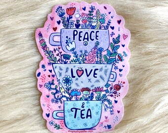 Peace Love Tea sticker - Teacup sticker - Flowers in tea cups