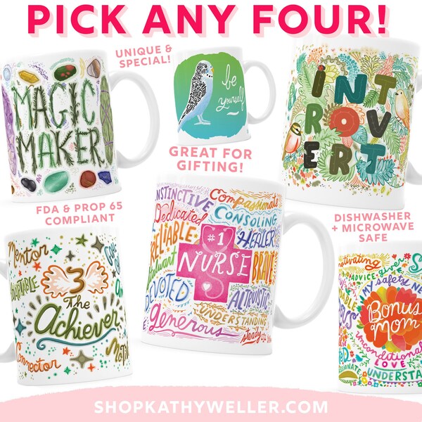 MUG BUNDLE - Pick Mugs - Choose Your Mugs - Pick Any Four - Bulk Mugs - Customer Choice - Select 4 mugs - Mug Pack - Multi Mug - KathyWeller