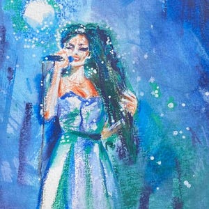 Amy Winehouse original art - Amy Winehouse at the Roxy - Amy Winehouse portrait watercolor and gouache painting blue dress 8x8&quot; on paper