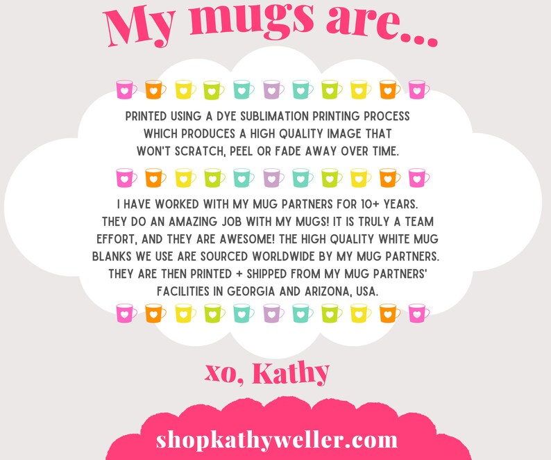 May include: A pink and white cloud-shaped graphic with the text "My mugs are..." and a description of the mug printing process. The text also includes the phrase "xo, Kathy" and the website "shopkathyweller.com".