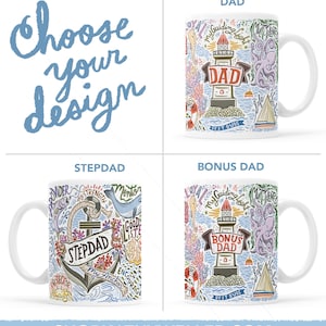 May include: Four white coffee mugs with different designs. Each mug features a lighthouse with a nautical theme and text that reads "Dad", "Stepdad", "Bonus Dad" and "My Guiding Light".