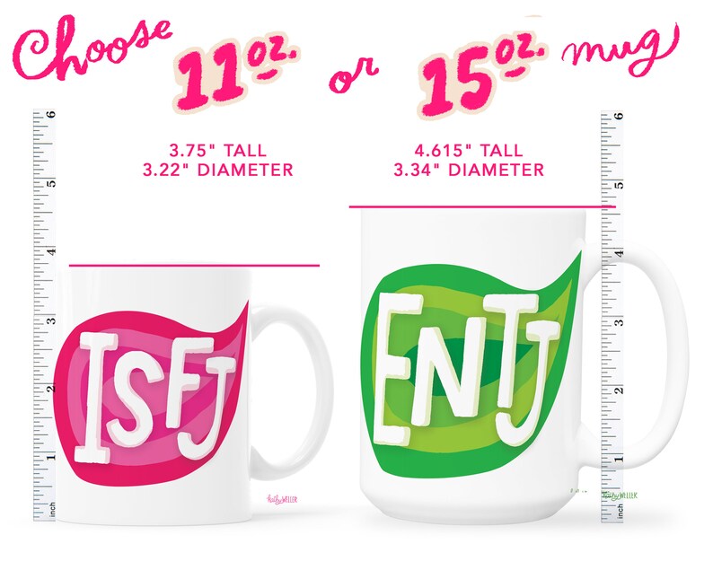 two coffee mugs with measurements for each of them