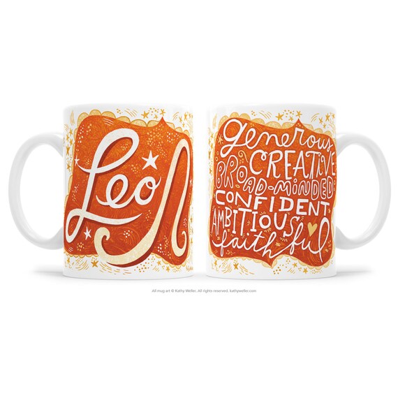Leo Mug, Zodiac Sign Mug, Red Leo Hand Lettered Mug, Leo Mug With Attributes, Double Sided Leo Mug, Zodiac Mug With Personality Traits