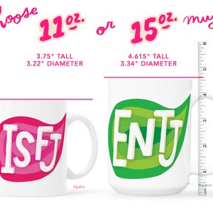 two coffee mugs with measurements for each of them