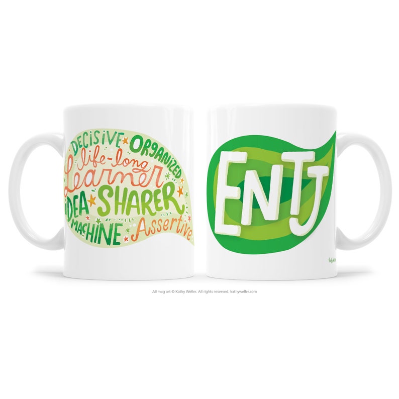 May include: Two white coffee mugs with a green leaf design. One mug features the letters "ENTJ" in white inside the leaf. The other mug features a green leaf with the words "DECISIVE", "ORGANIZED", "life-long", "LEARNER", "IDEA", "SHARER", "MACHINE", and "ASSERTIVE" written in a colorful, handwritten style.