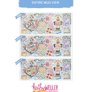 May include: A colorful mug design featuring a lighthouse, anchor, and octopus with the words "Dad", "Stepdad", and "Bonus Dad" in a whimsical font.