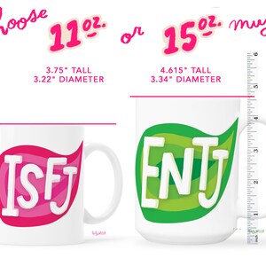 two coffee mugs with measurements for each of them