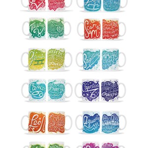 May include: Twelve white ceramic mugs with colorful zodiac signs and associated personality traits. Each mug features a different zodiac symbol, such as Aries, Taurus, Gemini, Cancer, Leo, Virgo, Libra, Scorpio, Sagittarius, Capricorn, Aquarius, and Pisces. The mugs are arranged in two rows of six.