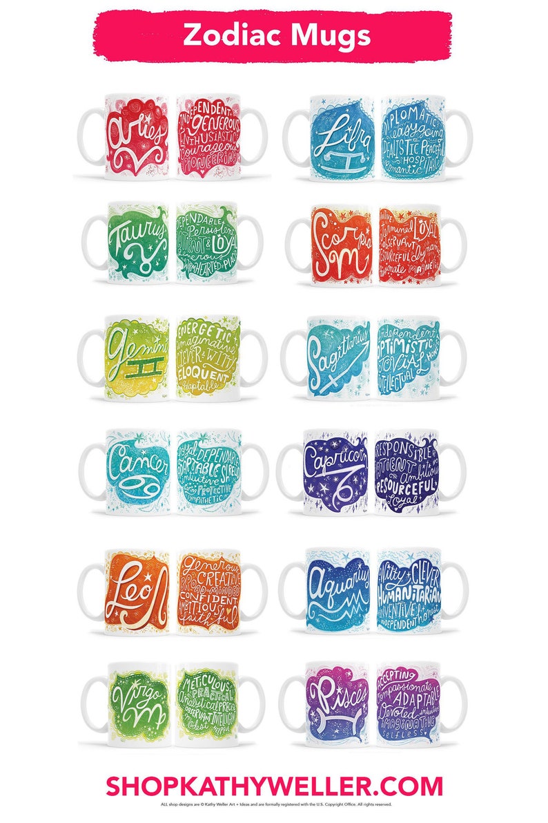 May include: Twelve white ceramic mugs with colorful zodiac signs and associated personality traits. Each mug features a different zodiac symbol, such as Aries, Taurus, Gemini, Cancer, Leo, Virgo, Libra, Scorpio, Sagittarius, Capricorn, Aquarius, and Pisces. The mugs are arranged in two rows of six.
