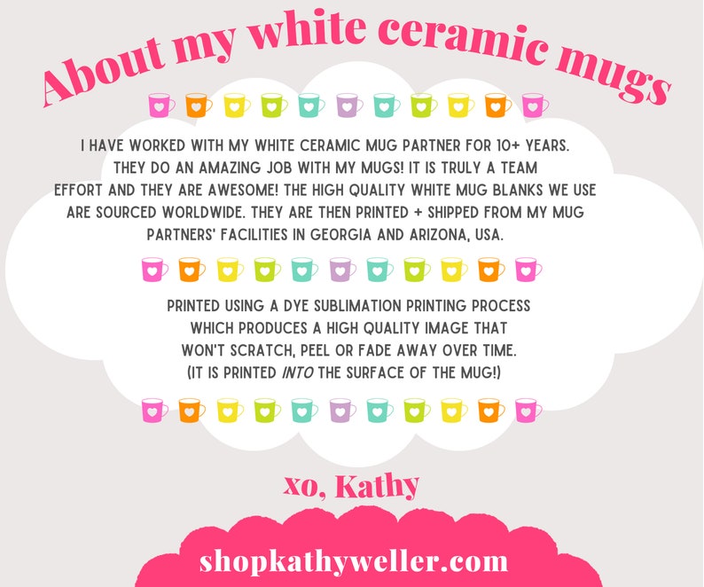 a poster with a thought bubble above it that says about my white ceramic mugs